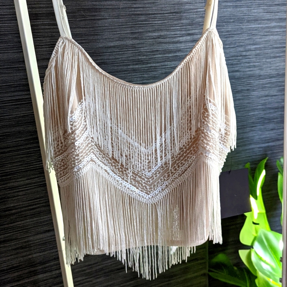 White Sequin two-piece fringe top and skirt (Lulu's)